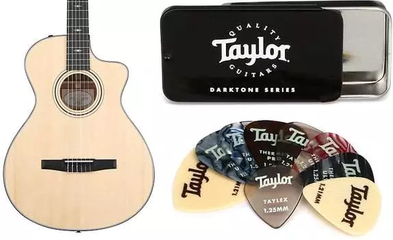Taylor 312ce-N Нейлоновая акусто-электрическая гитара - комплект из натуральной ситхинской ели с медиаторами серии Taylor DarkTone C302001303800032093=1 2600=1