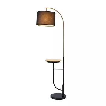 Teamson Home - Торшер Danna Arc с USB-портом, деревянным столом, мраморным основанием и черным абажуром, белый