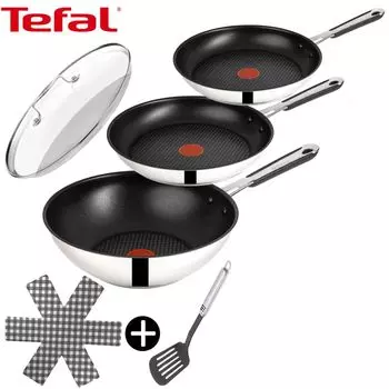 Tefal E30 Jamie Oliver, набор индукционных сковород, 6 предметов -SET12- высокий вок с крышкой 28 см, сковорода 28 см + 24 см, нержавеющая сталь, сковорода вок с антипригарным покрытием, серебро