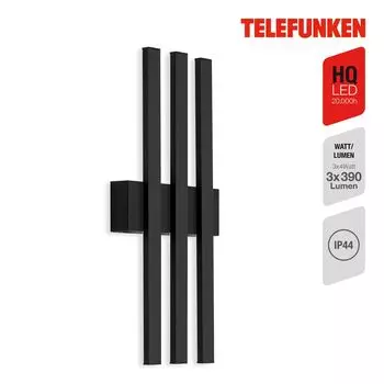 Telefunken GRAZ - настенный светильник для наружного освещения - 313305TF - конструкция с плоской светодиодной панелью - непрямое освещение - нейтральный белый 4000K - 12 Вт - 1170 лм - IP44 - 20 000 часов - 37 x 15,5 x 4,2 см, черный