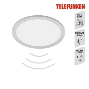 Telefunken KAMA - Светодиодная панель - 309004TF - Датчик движения - Дальность действия датчика 8 м - Настройка времени 5 сек, 1мин, 3мин, 10мин. - Датчик дневного света - Чувствительность к яркости - IP20 - 20 000 ч - 30 x 5 см, серебро