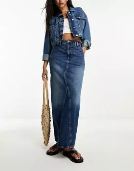 Темная джинсовая юбка макси со швами River Island