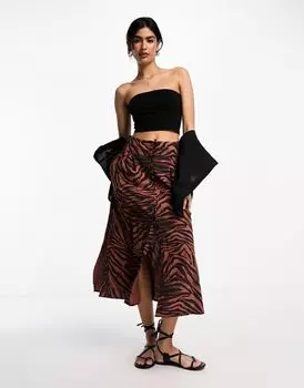 Темная юбка миди с пуговицами и разрезом с зебровым принтом ASOS DESIGN