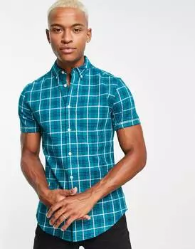 Темно-бирюзовая приталенная рубашка в клетку стрейч ASOS DESIGN