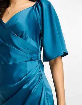Темно-бирюзовое атласное платье миди с развевающимися рукавами YAS Petite Bridesmaid