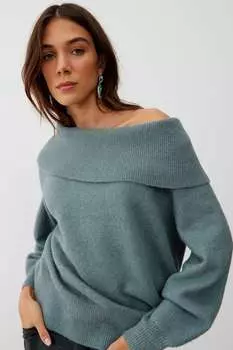 Темно-Бирюзовый вязаный свитер с открытыми плечами Oliver Bonas, зеленый