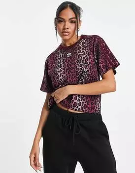 Темно-бордовая укороченная футболка с леопардовым принтом adidas Originals