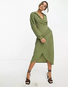 Темно-хаки фактурное платье миди с запахом и воротником ASOS DESIGN