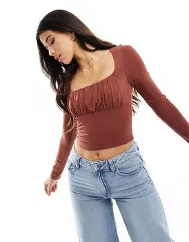 Темно-каштановый топ с длинными рукавами и сборками на груди ASOS DESIGN