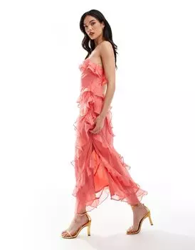 Темно-коралловое платье миди с перекрестными оборками Pretty Lavish