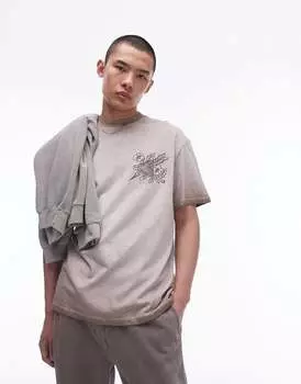 Темно-коричневая футболка оверсайз с вышивкой Topman