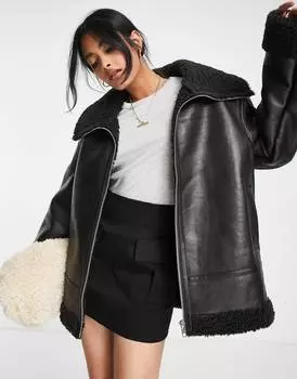 Темно-коричневая куртка-авиатор из искусственной кожи ASOS DESIGN
