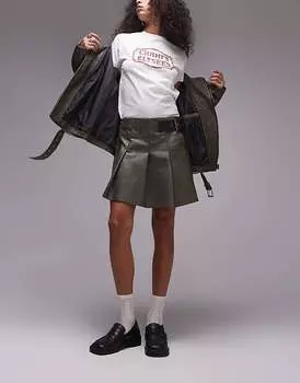 Темно-коричневая мини-юбка со складками из стираной искусственной кожи Topshop