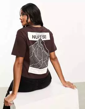 Темно-коричневая укороченная футболка The North Face Nuptse с принтом на спине
