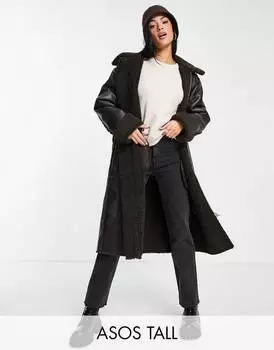 Темно-коричневое длинное пальто с воротником-боргом ASOS DESIGN Tall