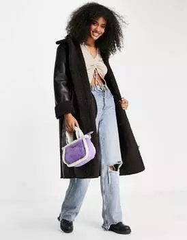 Темно-коричневое пальто макси с воротником-боргом ASOS DESIGN
