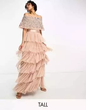 Темно-коричневое ярусное платье макси с открытыми плечами Beauut Tall Bridesmaid