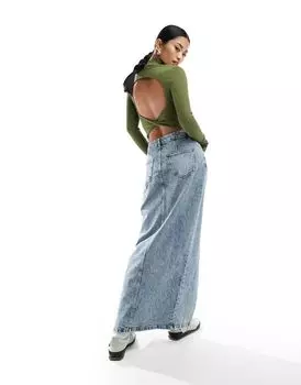 Темно-коричневый топ в рубчик с закрученной спинкой и воротником-воронкой Miss Selfridge