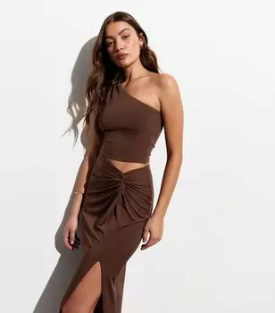 Темно-коричневый укороченный топ на одно плечо New Look, темно-коричневый
