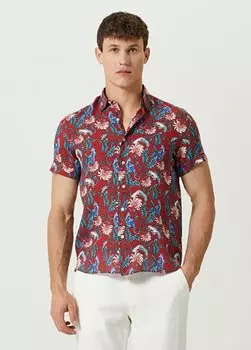Темно-красная льняная рубашка с коротким рукавом с цветочным узором Peninsula