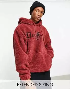 Темно-красная объемная худи в стиле тедди ASOS Dark Future с вышитым на спине готическим логотипом