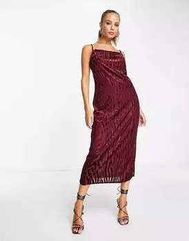 Темно-красное атласное жаккардовое платье миди с изображением животных River Island