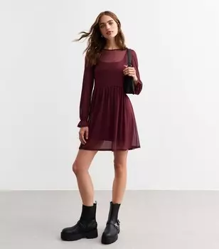 Темно-красное мини-свободное платье в сеточку с длинными рукавами New Look, бордовый