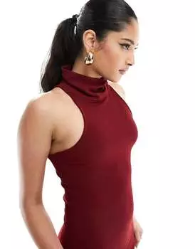 Темно-красное прозрачное платье миди с высоким воротником Mango