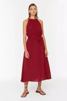 Темно-красное тканое платье с поясом Trendyol, бордовый