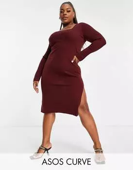 Темно-красное трикотажное платье миди с квадратным вырезом ASOS DESIGN Curve