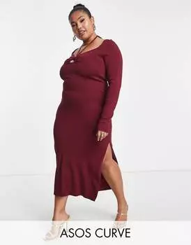 Темно-красное трикотажное платье миди с перекрещенными лямками ASOS DESIGN Curve