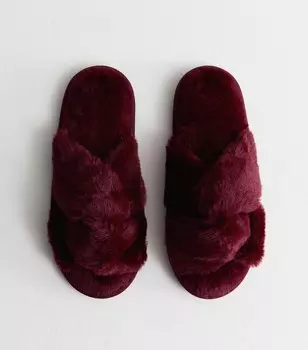 Темно-красные тапочки из искусственного меха с закрученными ремешками New Look, бордовый