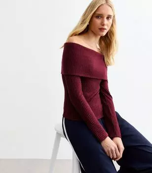 Темно-красный джемпер с открытыми плечами в рубчик New Look, бордовый