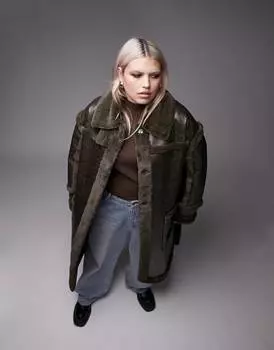 Темно-оливковое удлиненное пальто-авиатор из искусственного меха Topshop Curve