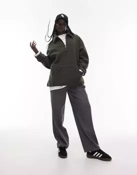 Темно-оливковый флисовый свитшот с воротником на молнии Topshop Borg