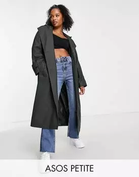 Темно-оливковый прорезиненный тренч ASOS DESIGN Petite