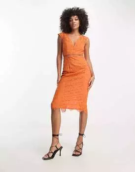 Темно-оранжевое кружевное платье миди с глубоким вырезом Girls On Film