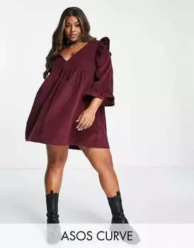 Темно-ягодное свободное платье мини из вельвета с оборками на плечах ASOS DESIGN Curve