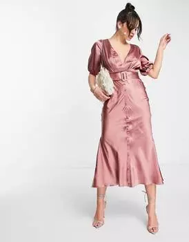 Темно-розовое атласное платье миди по косой с поясом ASOS DESIGN