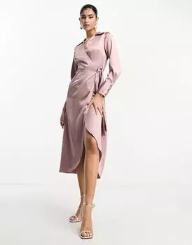 Темно-розовое атласное платье миди с запахом и воротником ASOS DESIGN