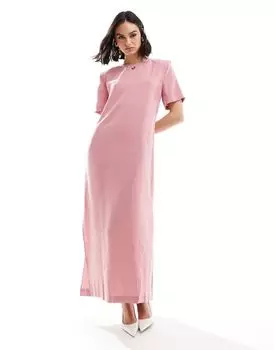 Темно-розовое платье-футболка миди с подплечниками ASOS DESIGN