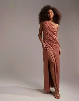 Темно-розовое платье макси с драпировкой на одно плечо и разрезом ASOS DESIGN Bridesmaids