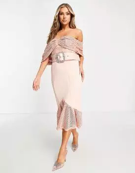 Темно-розовое платье миди из кружева бардо с баской и поясом ASOS DESIGN