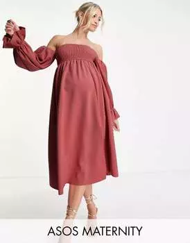Темно-розовое платье миди с присборенной грудью и рукавами-блузонами ASOS DESIGN Maternity