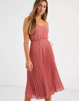 Темно-розовое платье миди со складками и кулиской на талии ASOS DESIGN