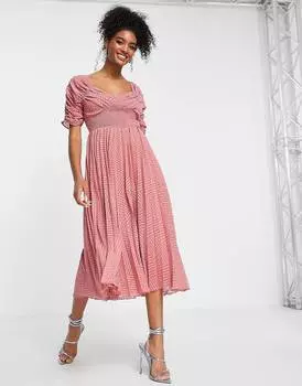 Темно-розовое плиссированное платье миди с рюшами и присборенной талией ASOS DESIGN ASOS DESIGN