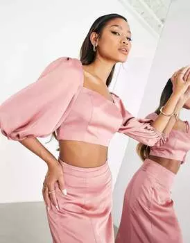 Темно-розовый атласный укороченный топ с объемными рукавами ASOS Bridesmaid