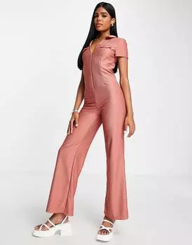 Темно-розовый комбинезон в стиле 70-х ASOS DESIGN с воротником и молнией спереди