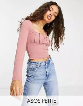Темно-розовый топ с длинными рукавами и сборками на груди ASOS DESIGN Petite