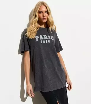 Темно-серая футболка оверсайз с хлопковой кислотной стиркой и надписью Paris New Look, темно-серый